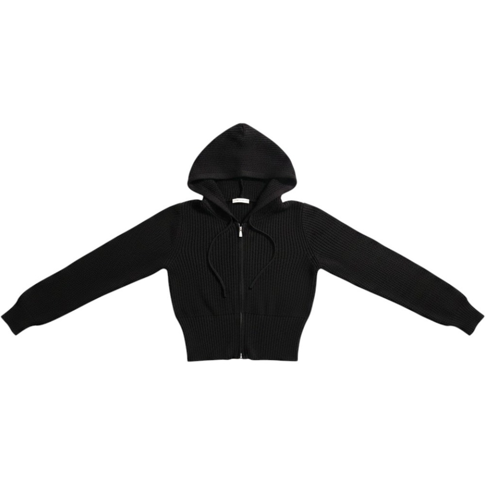 XXS Black Ribbed Knit Zip Up Cropped Hoodie Sweater Lightweight